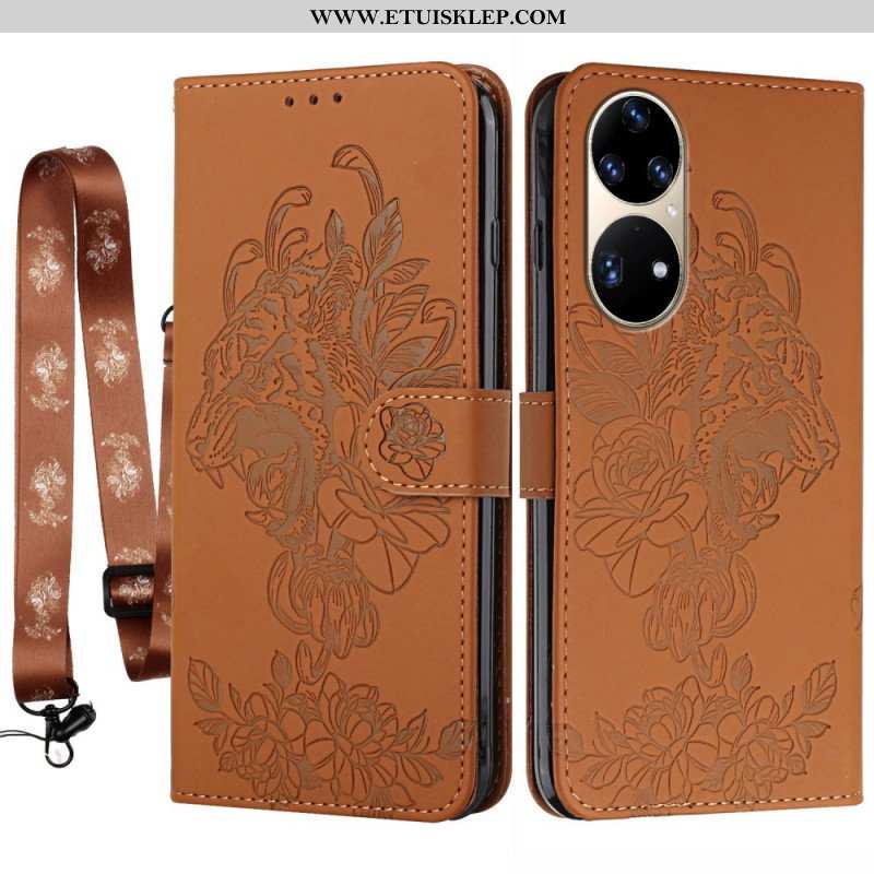 Etui Folio do Huawei P50 Pro z Łańcuch Barokowy Tygrys Z Paskami